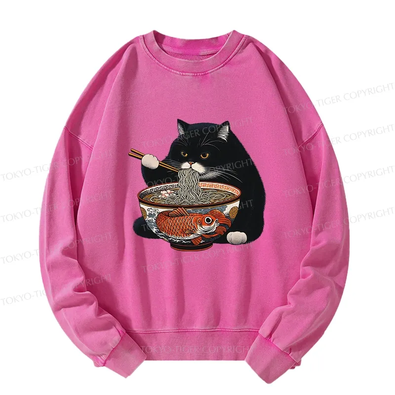 Tokyo-Tiger Fat Cat Eating Ramen Washed Sweatshirt