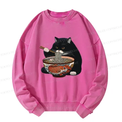 Tokyo-Tiger Fat Cat Eating Ramen Washed Sweatshirt