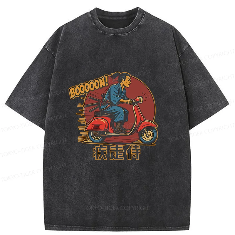 Tokyo-Tiger Samurai On Motorcycle Washed T-Shirt