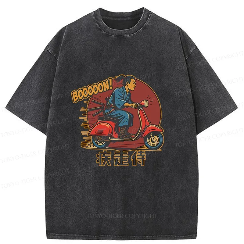 Tokyo-Tiger Samurai On Motorcycle Washed T-Shirt