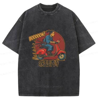 Tokyo-Tiger Samurai On Motorcycle Washed T-Shirt