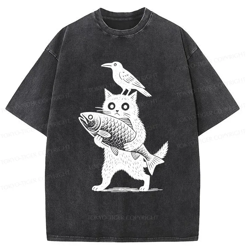 Tokyo-Tiger Black Animals Funny Washed T-Shirt