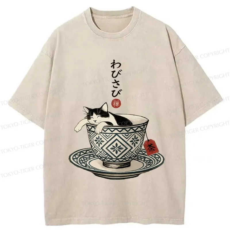 Tokyo-Tiger A Cozy Cat In A Teacup Washed T-Shirt