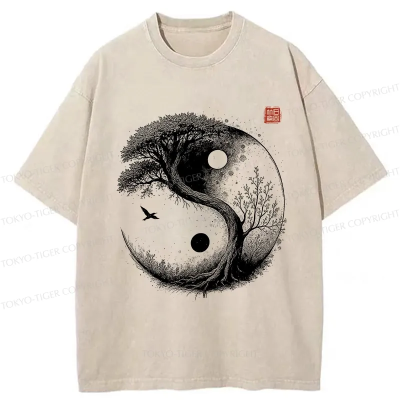 Tokyo-Tiger Yin Yang Bonsai Tree Washed T-Shirt