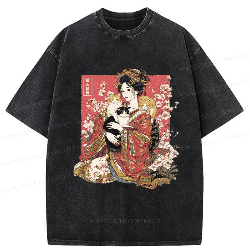 Tokyo-Tiger Geisha And Cats Washed T-Shirt