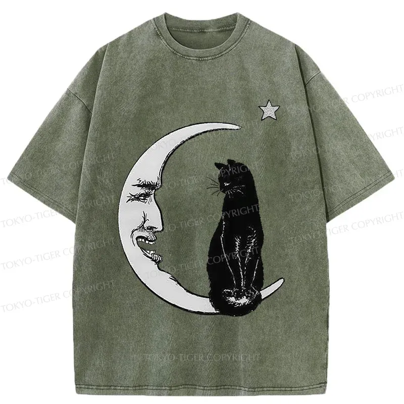 Tokyo-Tiger Moon And Cat Washed T-Shirt
