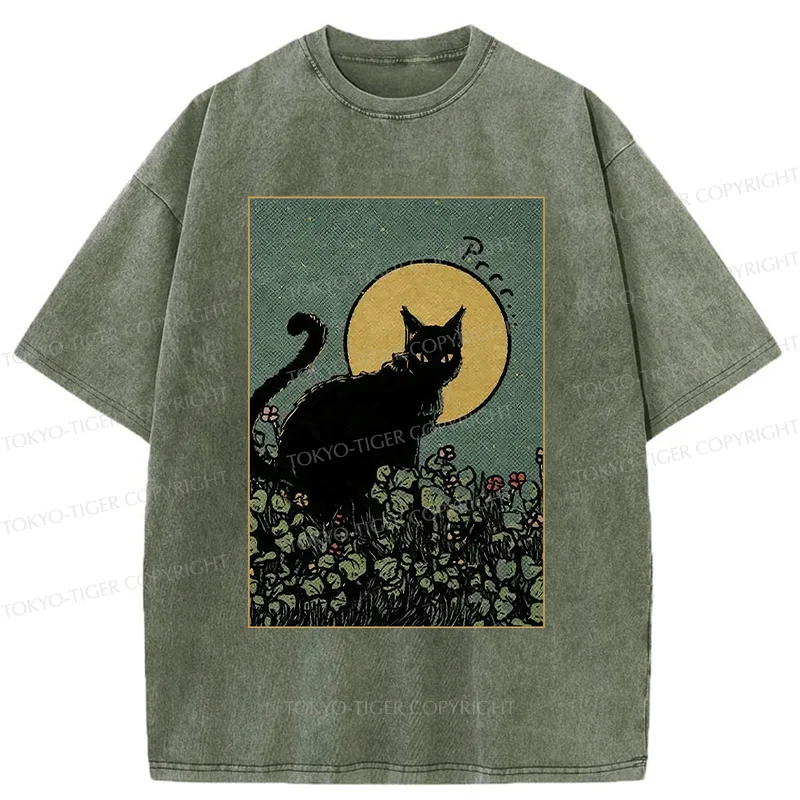Tokyo-Tiger Black Cat At Night Washed T-Shirt