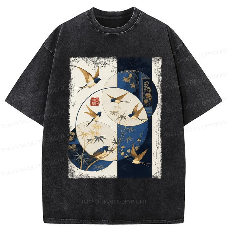 Tokyo-Tiger Swallows Among The Bamboo Washed T-Shirt