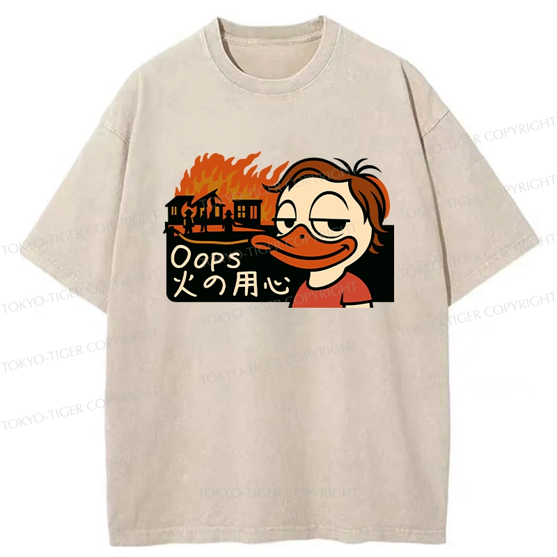 Tokyo-Tiger Oops Fire Safety Funny Washed T-Shirt