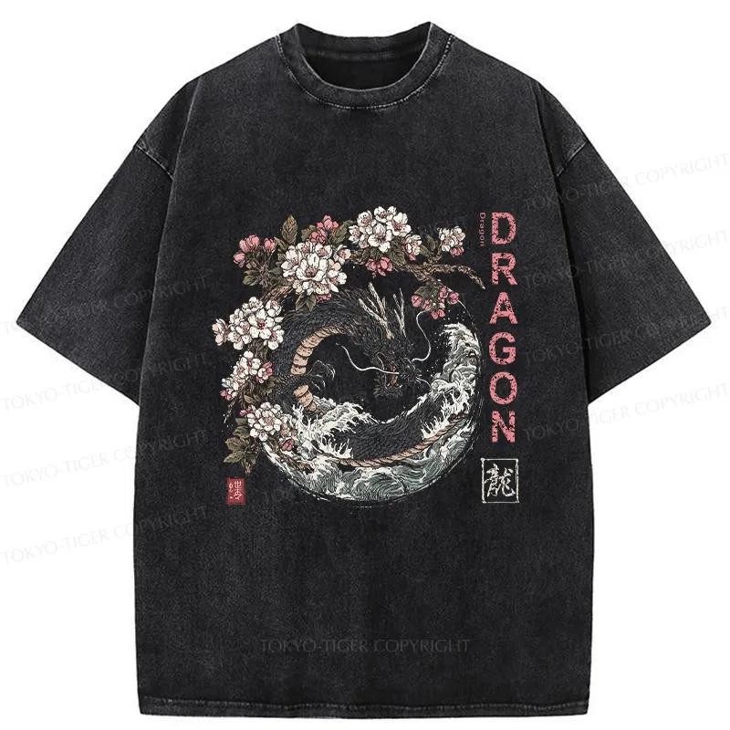 Tokyo-Tiger The Sakura Dragon Meets Wave Washed T-Shirt