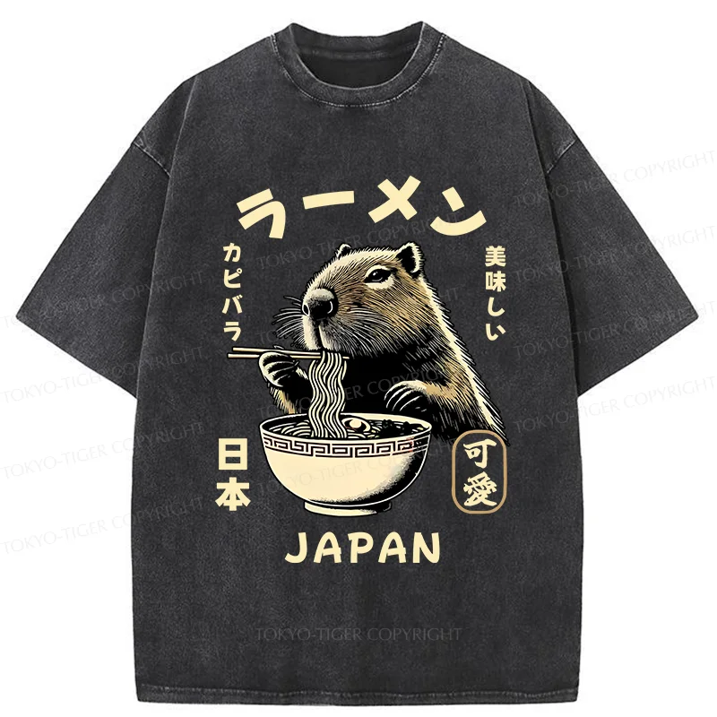 Tokyo-Tiger Retro Capybara Eating Ramen Washed T-Shirt