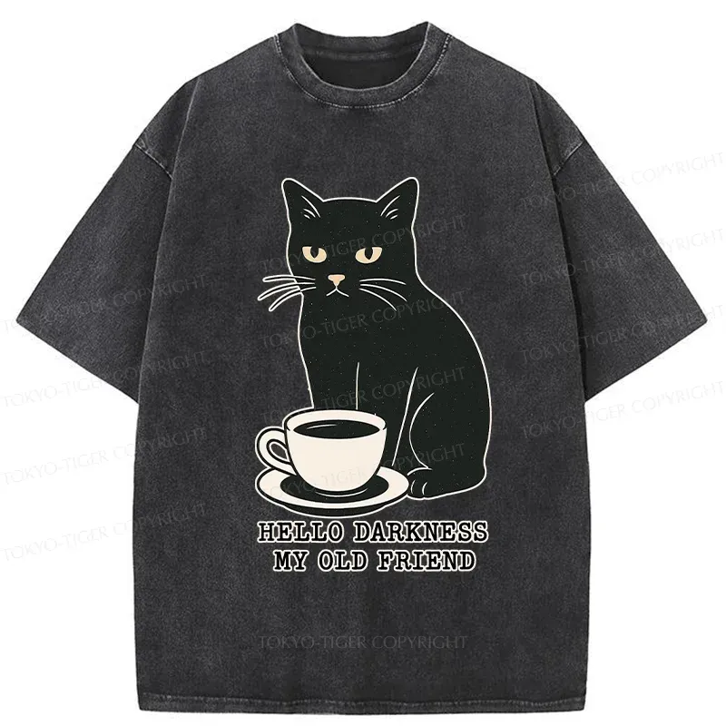 Tokyo-Tiger Black Cat Drinking Coffee Washed T-Shirt