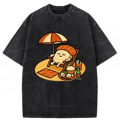 Tokyo-Tiger Funny Sushi Enjoying Sunbathing Washed T-Shirt