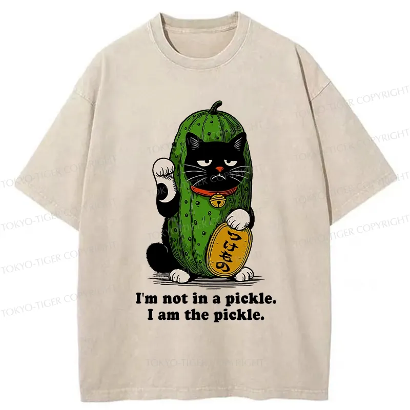 Tokyo-Tiger Funny Pickle Lucky Cat Washed T-Shirt