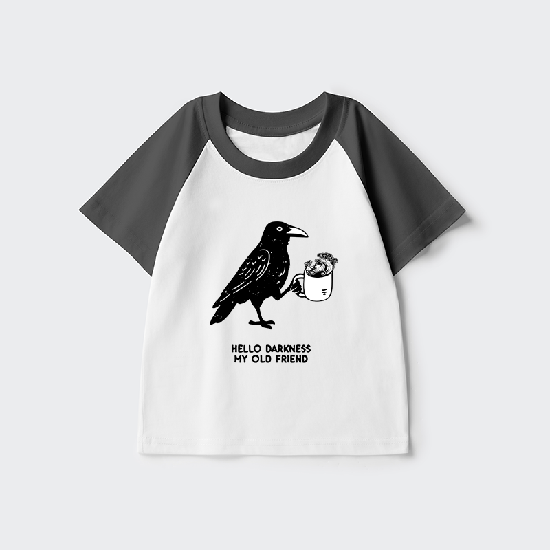 Tokyo-Tiger Crow Drinking Black Coffee Funny Kids Raglan T-shirt