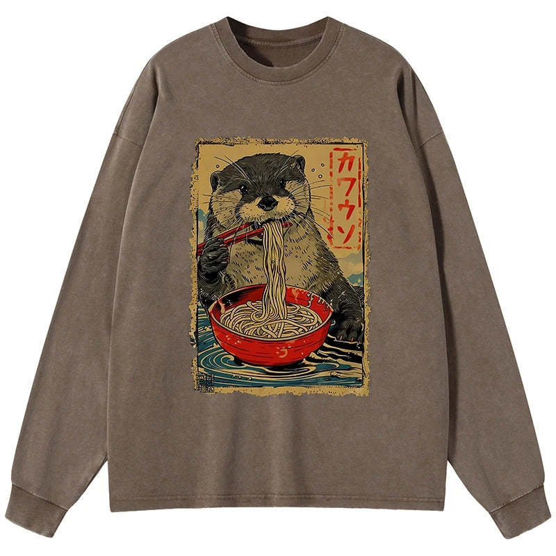 Tokyo-Tiger Otter Eating Ramen Japan Washed Long Sleeve T-Shirt