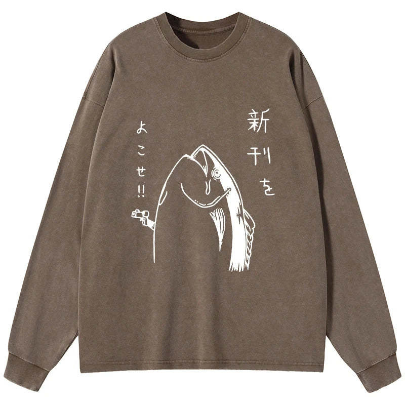 Tokyo-Tiger Japanese Fish Hold Up White Washed Long Sleeve T-Shirt Sale