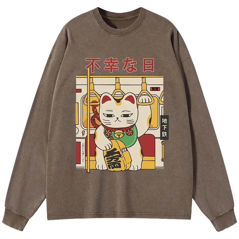 Tokyo-Tiger Lucky Cat Who Doesn't Want To Work Washed Long Sleeve T-Shirt Sale