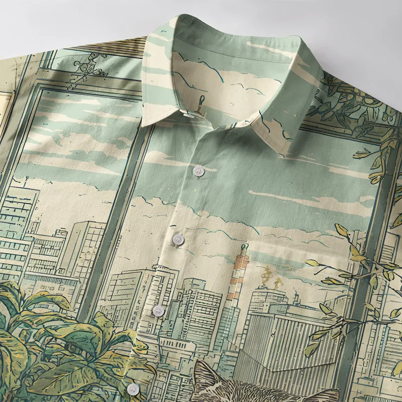 Tokyo-Tiger Funny Cat Meditating Button-up Shirt