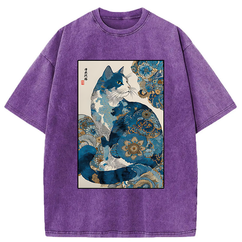 Tokyo-Tiger Japanese Ukiyo-e Flowers Cat Washed T-Shirt