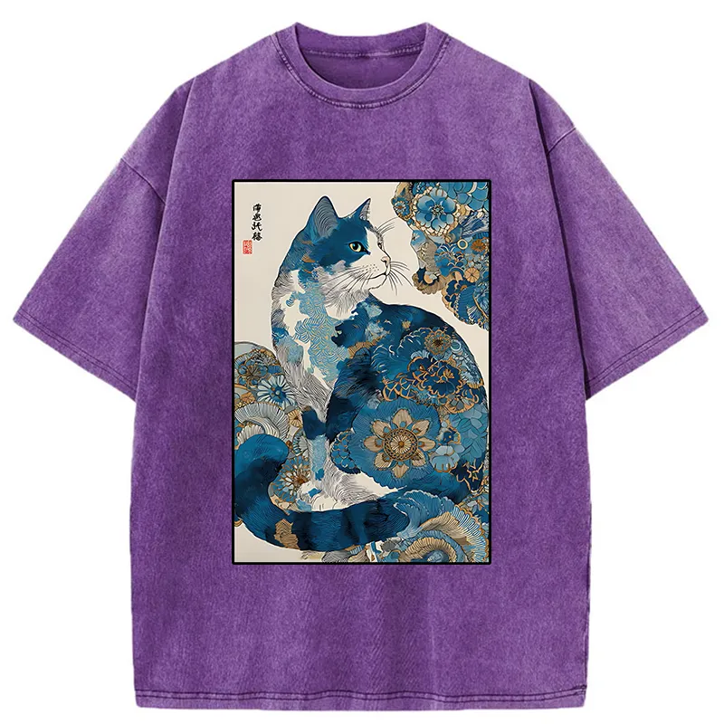 Tokyo-Tiger Japanese Ukiyo-e Flowers Cat Washed T-Shirt