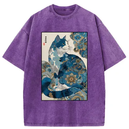 Tokyo-Tiger Japanese Ukiyo-e Flowers Cat Washed T-Shirt