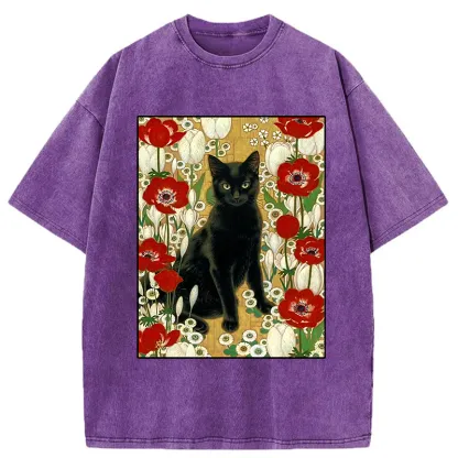 Tokyo-Tiger Black Cat In The Garden Washed T-Shirt