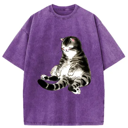 Tokyo-Tiger Ink Painting Cute Cat Washed T-Shirt