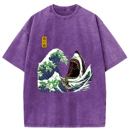 Tokyo-Tiger The Great Wave Ukiyoe Shark Washed T-Shirt