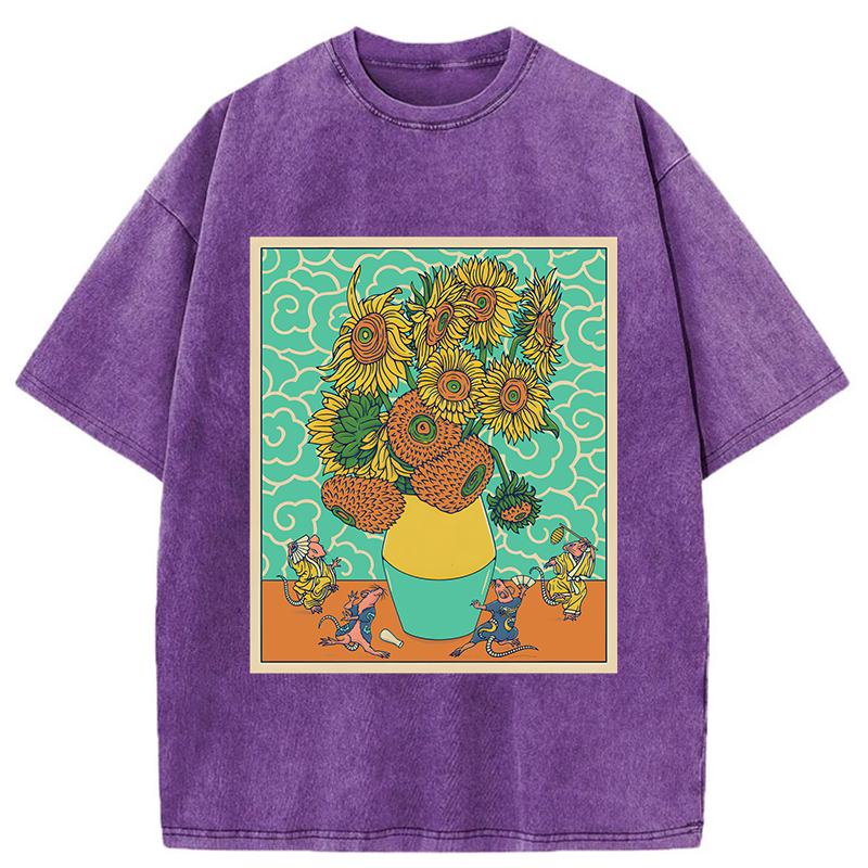Tokyo-Tiger Japanese Mouse Dancing Sunflower Washed T-Shirt