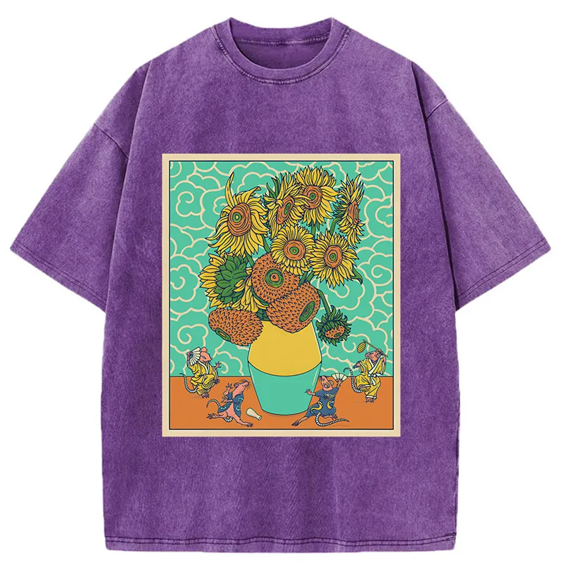 Tokyo-Tiger Japanese Mouse Dancing Sunflower Washed T-Shirt