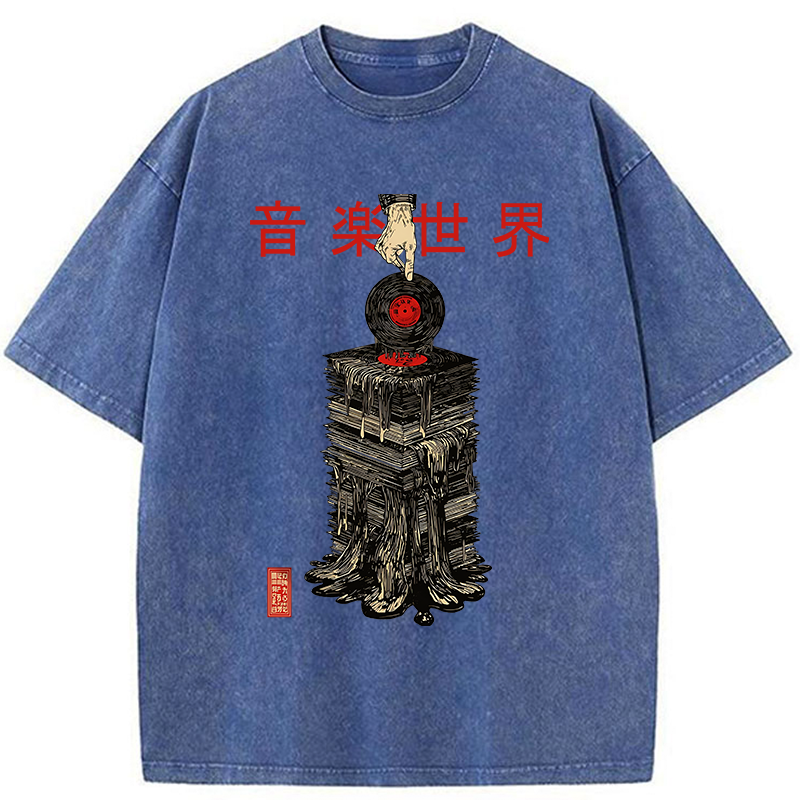 Tokyo-Tiger Retro Music Records Washed T-Shirt