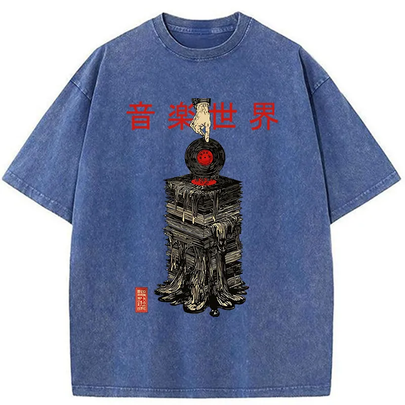 Tokyo-Tiger Retro Music Records Washed T-Shirt