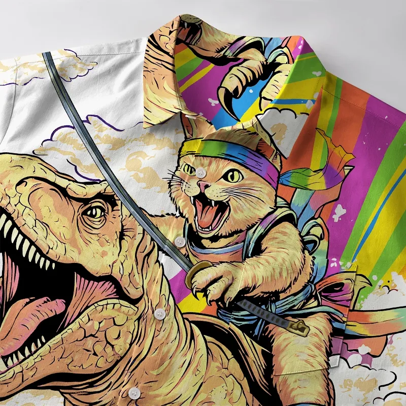 Tokyo-Tiger Rainbow Cat Rides A Dinosaur Button-up Shirt
