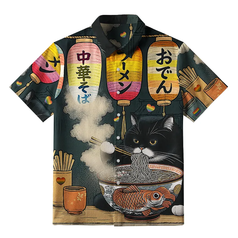 Tokyo-Tiger Pride Fat Cat Eating Ramen Button-up Shirt