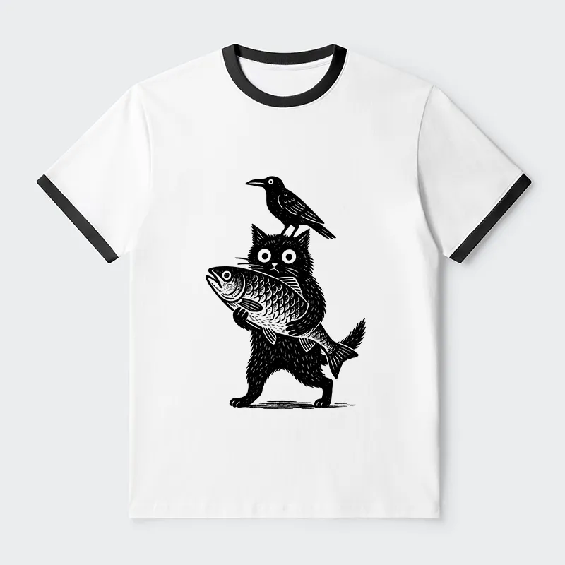 Tokyo-Tiger Black Animals Funny Contrast Trim T-Shirt