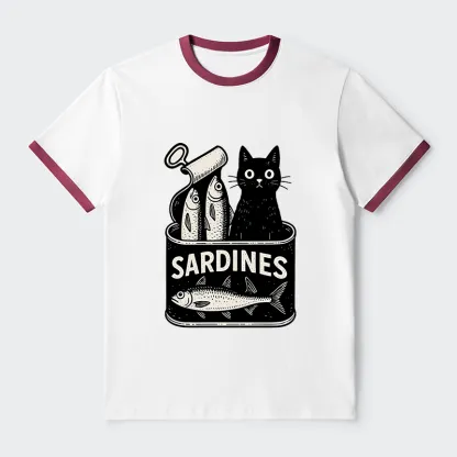 Tokyo-Tiger Cat And Canned Fish Contrast Trim T-Shirt