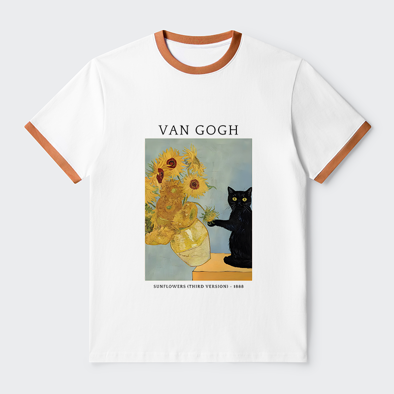 Tokyo-Tiger Black Cat With Sunflowers Contrast Trim T-Shirt