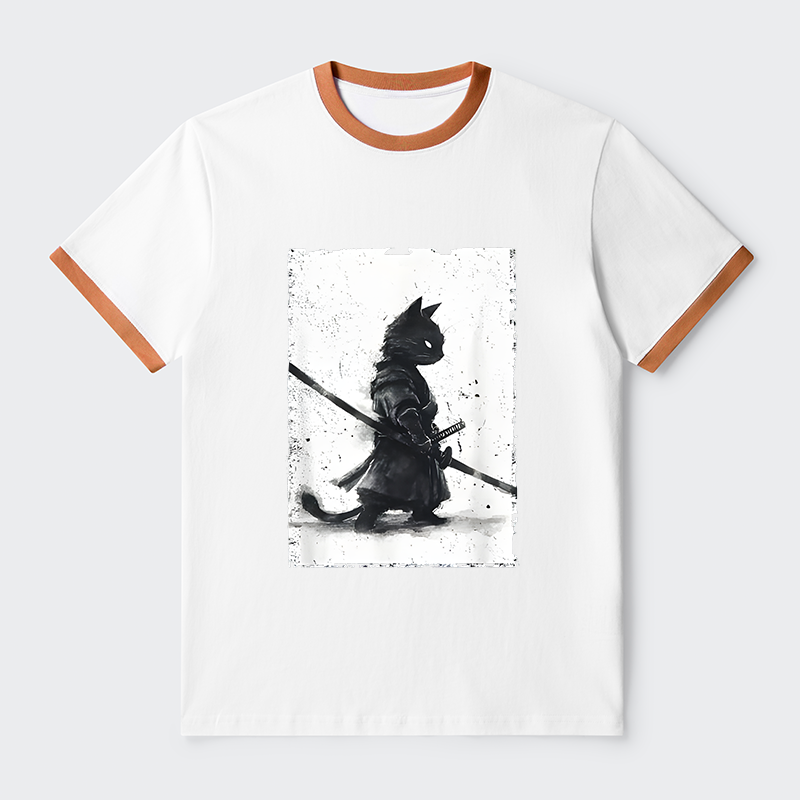 Tokyo-Tiger Retro Cat Samurai Japanese Contrast Trim T-Shirt