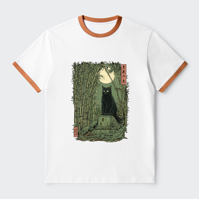 Tokyo-Tiger Black Cat In The Bamboo Forest Contrast Trim T-Shirt