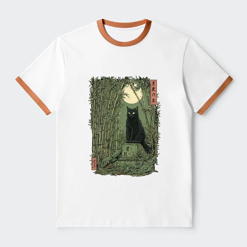 Tokyo-Tiger Black Cat In The Bamboo Forest Contrast Trim T-Shirt