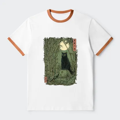 Tokyo-Tiger Black Cat In The Bamboo Forest Contrast Trim T-Shirt