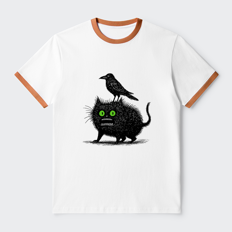 Tokyo-Tiger Crow And Black Cat Contrast Trim T-Shirt