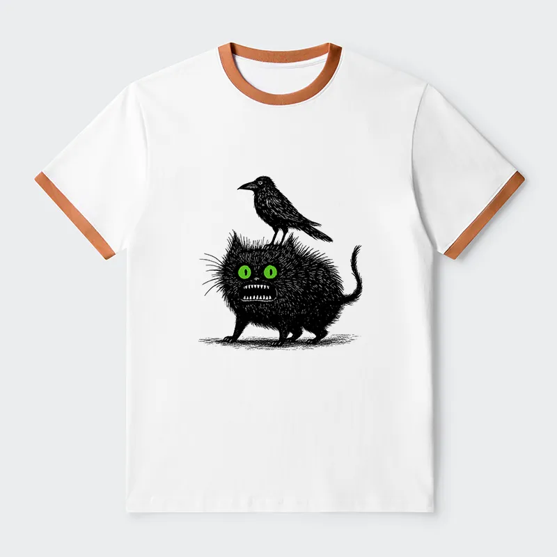 Tokyo-Tiger Crow And Black Cat Contrast Trim T-Shirt