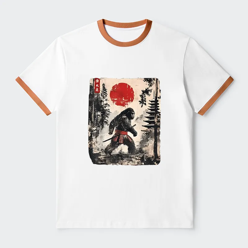 Tokyo-Tiger Japanese Samurai Bigfoot Contrast Trim T-Shirt