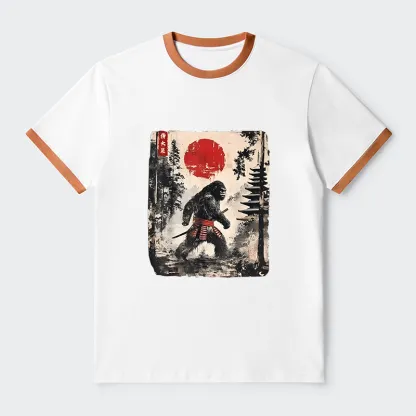 Tokyo-Tiger Japanese Samurai Bigfoot Contrast Trim T-Shirt