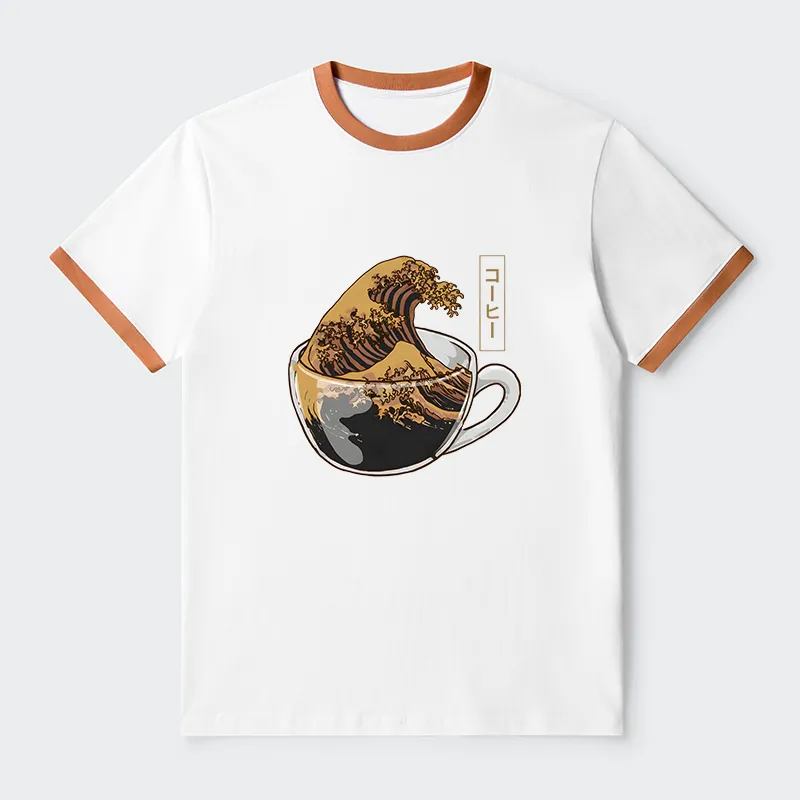 Tokyo-Tiger Coffee Wave Contrast Trim T-Shirt