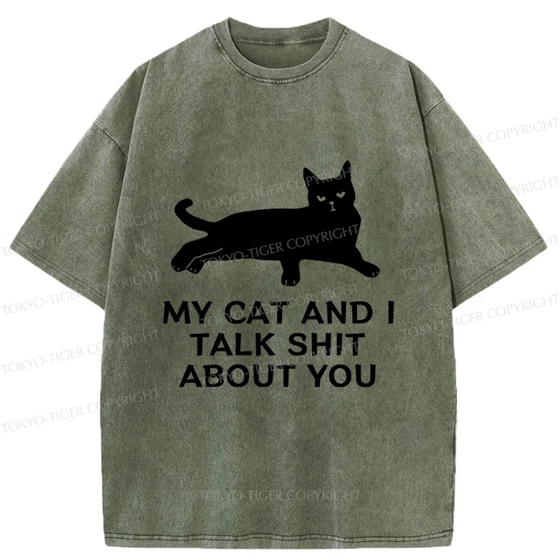 Tokyo-Tiger Gossiping Black Cat Washed T-Shirt