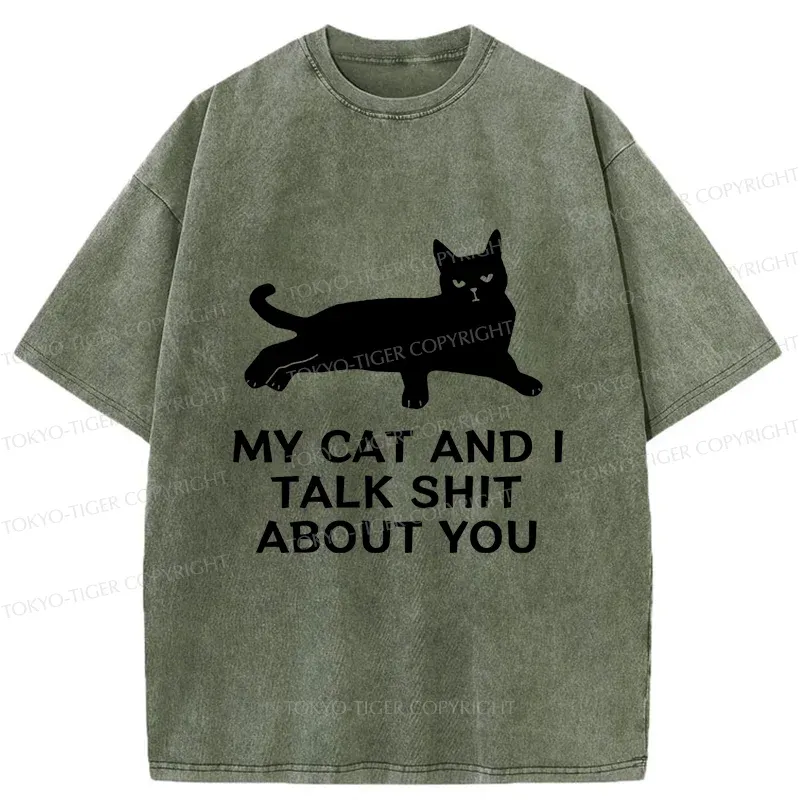 Tokyo-Tiger Gossiping Black Cat Washed T-Shirt