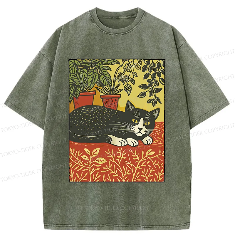 Tokyo-Tiger Napping Cat Washed T-Shirt